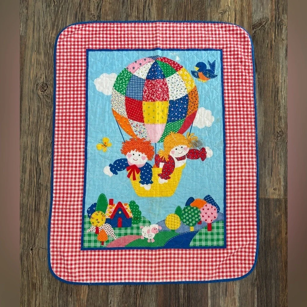 Vtg Baby Blanket Throw 42”x32” Multicolor Gingham Floral Hot Air Balloon Cottage